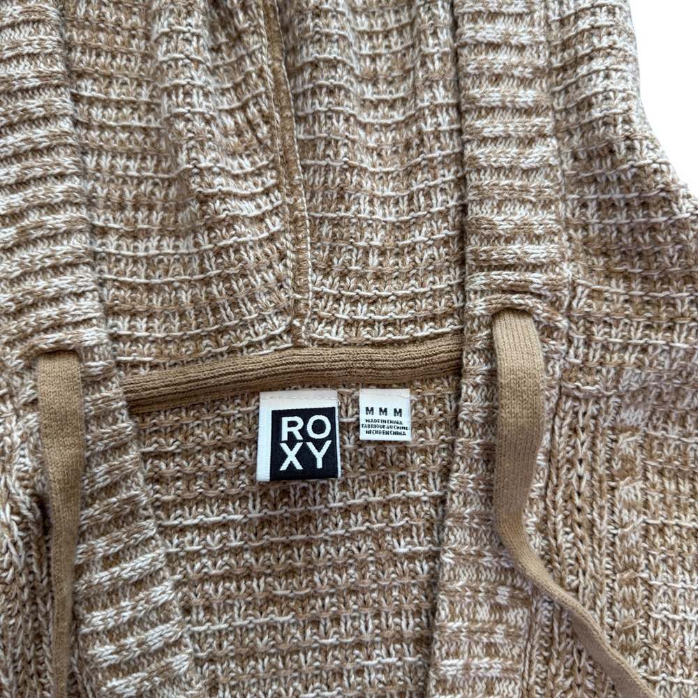 Roxy Women's Tan Marled Knit Hooded Sweater Tunic Cable Knit V Neck - Picture 3 of 6